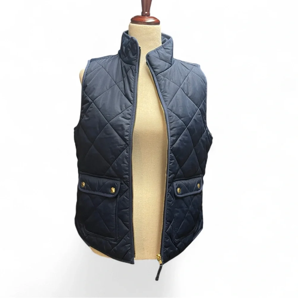 J.Crew Womens S‎ Navy Blue Puffer Zip Up Vest Gingham Print Snap Buttons Preppy